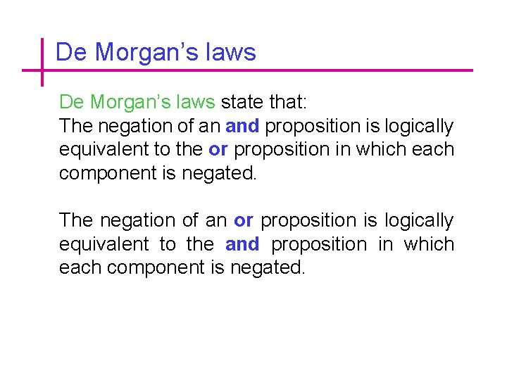 De Morgan’s laws state that: The negation of an and proposition is logically equivalent