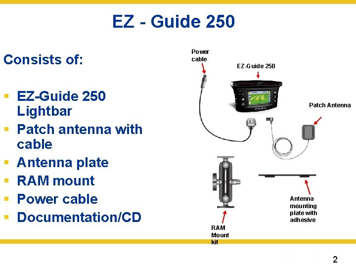 EZ - Guide 250 Consists of: § EZ-Guide 250 Lightbar § Patch antenna with