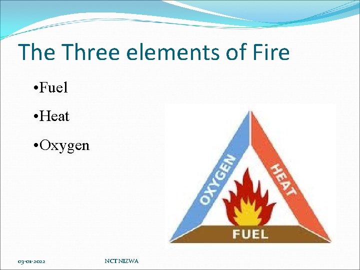 The Three elements of Fire • Fuel • Heat • Oxygen 03 -01 -2022