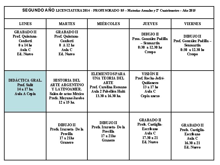 SEGUNDO AÑO LICENCIATURA 2014 LUNES MARTES GRABADO II Prof. Quintana. Conforti 8 a 14