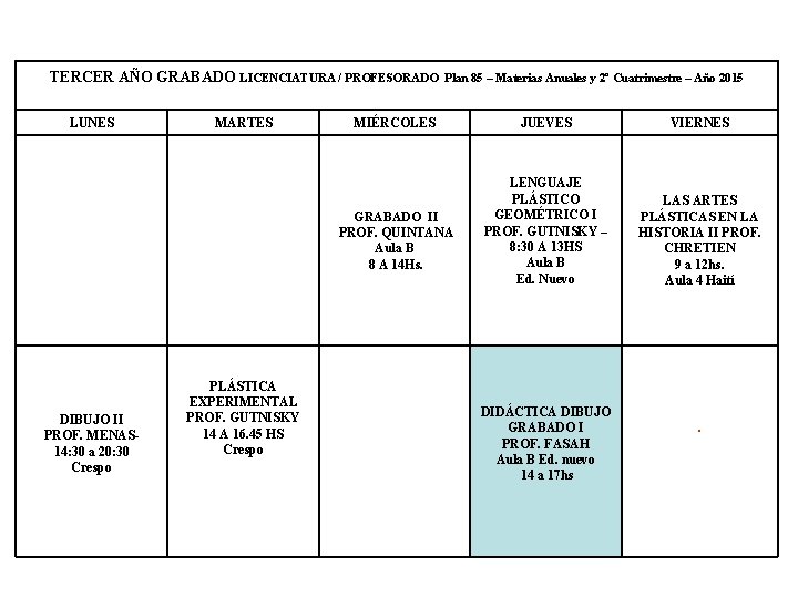 TERCER AÑO GRABADO LICENCIATURA / PROFESORADO LUNES MARTES Plan 85 – Materias Anuales y