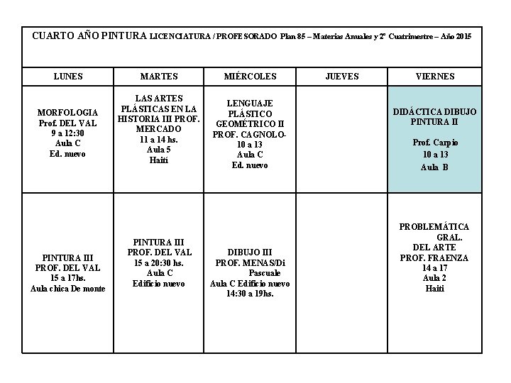 CUARTO AÑO PINTURA LICENCIATURA / PROFESORADO LUNES MARTES MORFOLOGIA Prof. DEL VAL 9 a