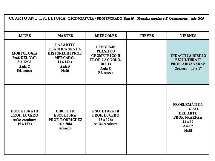 CUARTO AÑO ESCULTURA LICENCIATURA / PROFESORADO Plan 85 – Materias Anuales y 2º Cuatrimestre