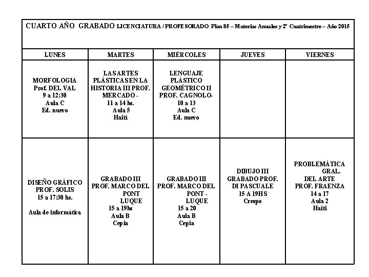 CUARTO AÑO GRABADO LICENCIATURA / PROFESORADO Plan 85 – Materias Anuales y 2º Cuatrimestre