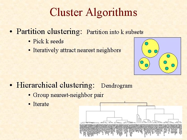 Cluster Algorithms • Partition clustering: Partition into k subsets • Pick k seeds •