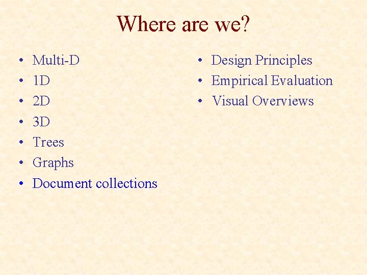 Where are we? • • Multi-D 1 D 2 D 3 D Trees Graphs