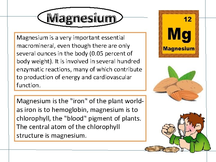 Magnesium is a very important essential macromineral, even though there are only several ounces