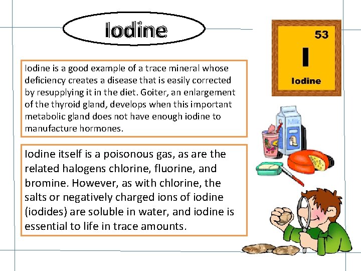 Iodine is a good example of a trace mineral whose deficiency creates a disease Iodine is a good example of a trace mineral whose deficiency creates a disease