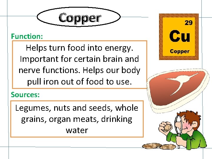 Copper Function: Helps turn food into energy. Important for certain brain and nerve functions.