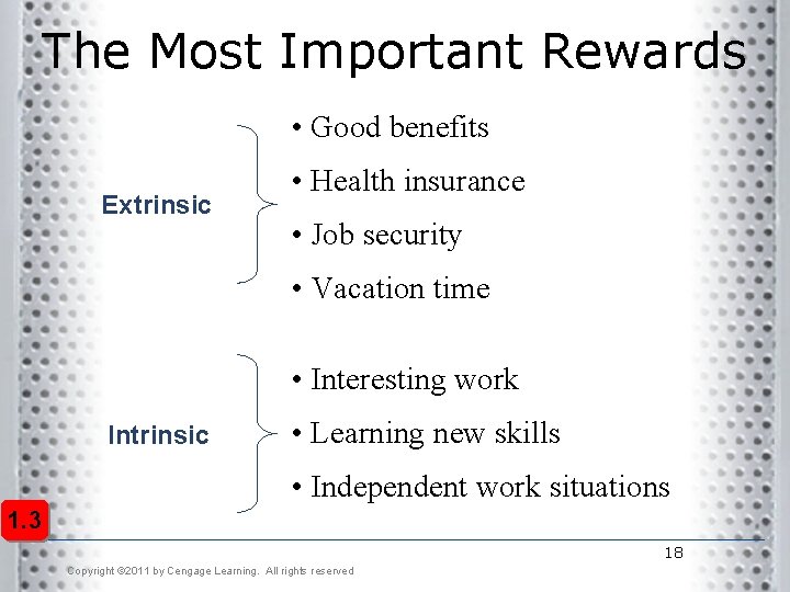 The Most Important Rewards • Good benefits Extrinsic • Health insurance • Job security