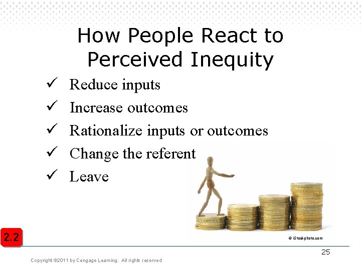 How People React to Perceived Inequity ü ü ü Reduce inputs Increase outcomes Rationalize