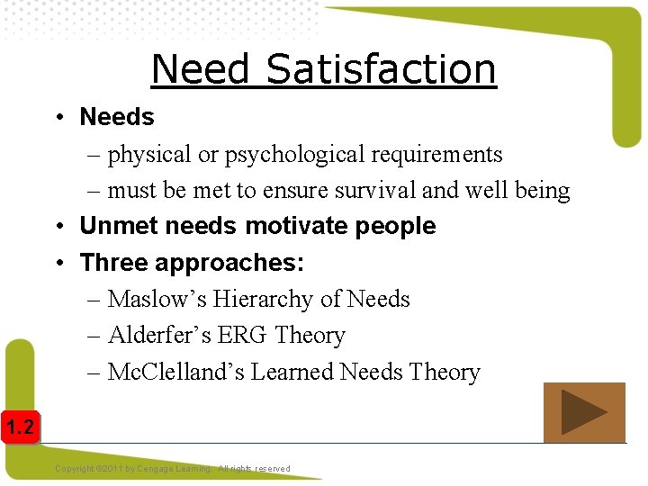 Need Satisfaction • Needs – physical or psychological requirements – must be met to