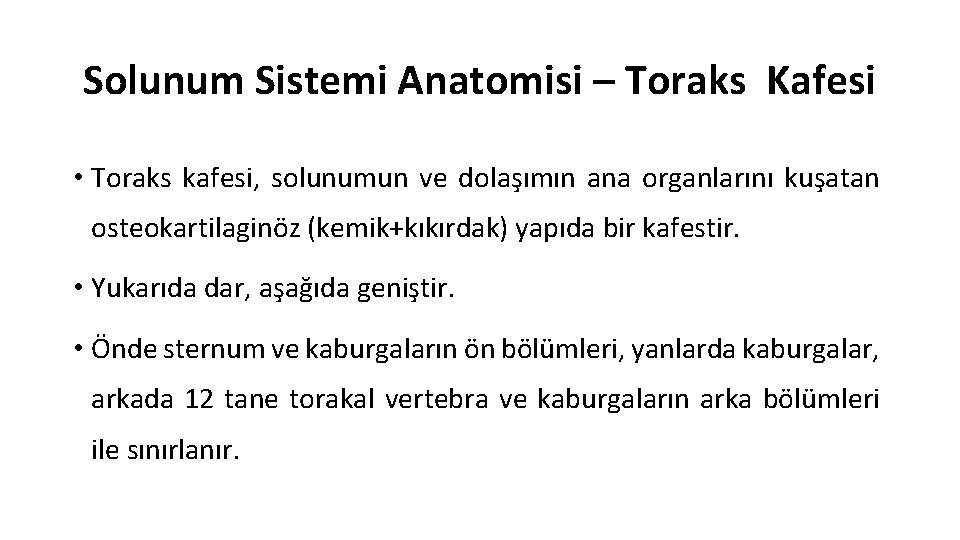 Solunum Sistemi Anatomisi – Toraks Kafesi • Toraks kafesi, solunumun ve dolaşımın ana organlarını