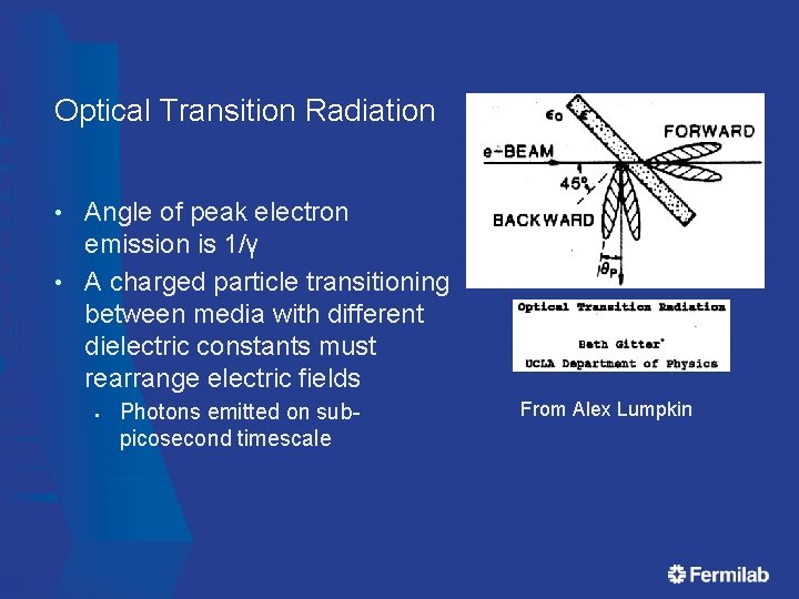 Optical Transition Radiation Angle of peak electron emission is 1/γ • A charged particle Optical Transition Radiation Angle of peak electron emission is 1/γ • A charged particle