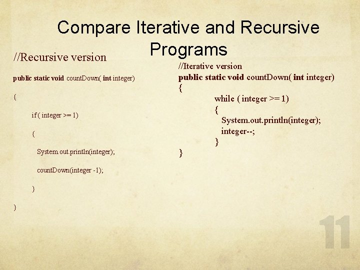 Compare Iterative and Recursive Programs //Recursive version public static void count. Down( integer) {