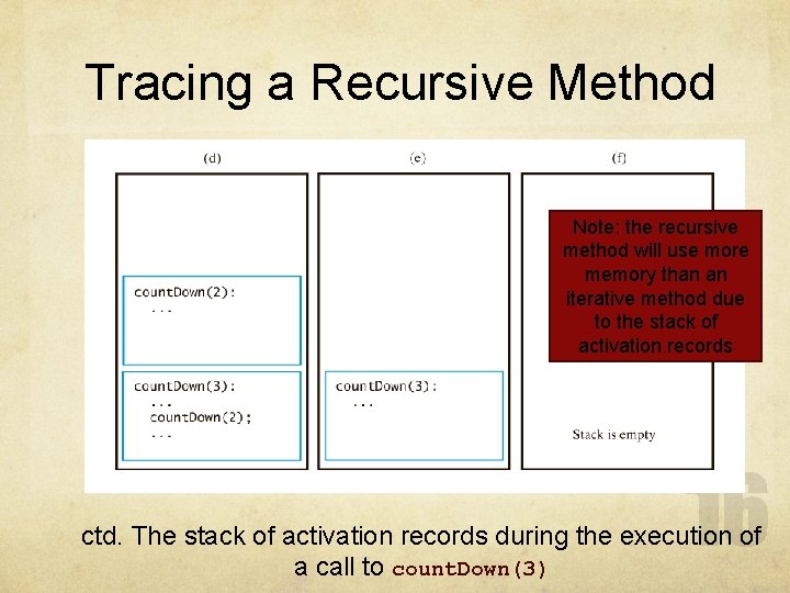 Tracing a Recursive Method Note: the recursive method will use more memory than an