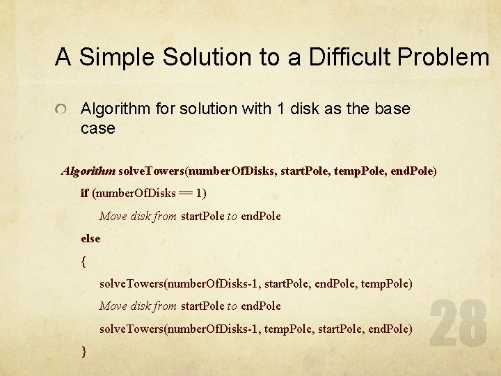 A Simple Solution to a Difficult Problem Algorithm for solution with 1 disk as