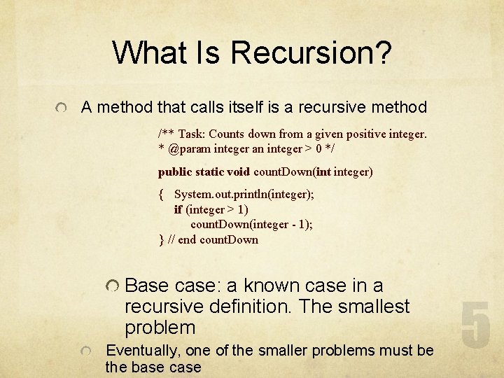 What Is Recursion? A method that calls itself is a recursive method /** Task: