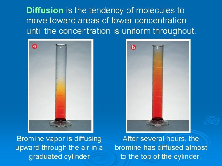 Diffusion is the tendency of molecules to move toward areas of lower concentration until