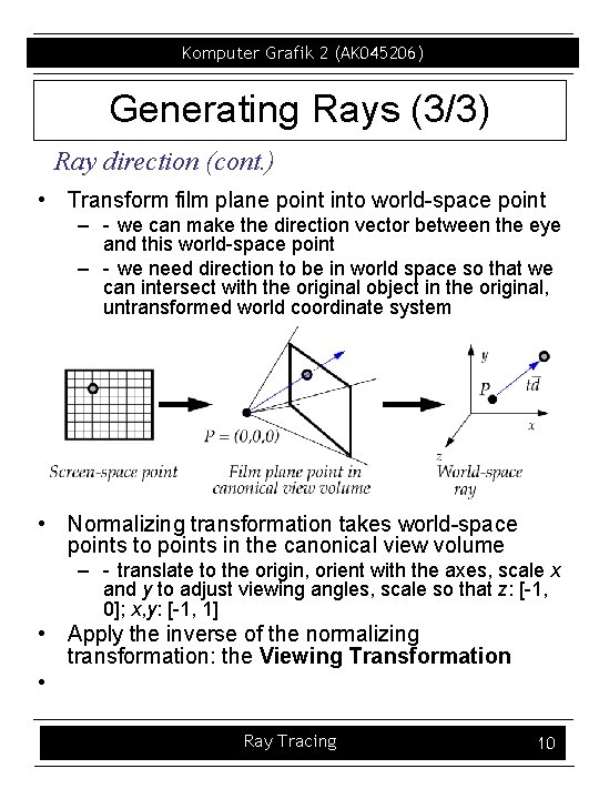 Komputer Grafik 2 (AK 045206) Generating Rays (3/3) Ray direction (cont. ) • Transform