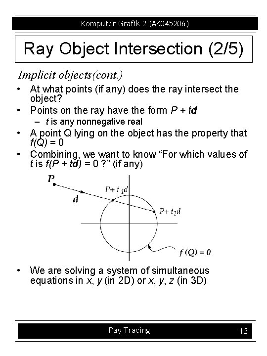 Komputer Grafik 2 (AK 045206) Ray Object Intersection (2/5) Implicit objects(cont. ) • At