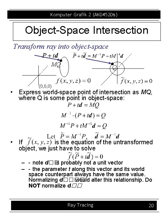 Komputer Grafik 2 (AK 045206) Object-Space Intersection Transform ray into object-space MQ Q (0,