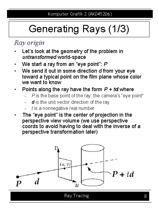 Komputer Grafik 2 (AK 045206) Generating Rays (1/3) Ray origin • • Let’s look