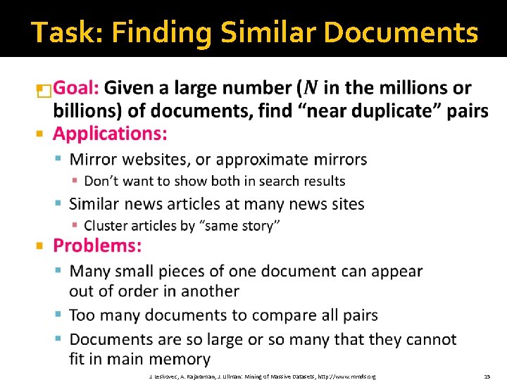 Task: Finding Similar Documents � J. Leskovec, A. Rajaraman, J. Ullman: Mining of Massive