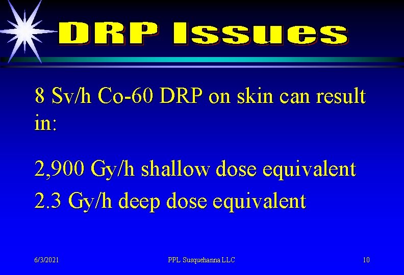 8 Sv/h Co-60 DRP on skin can result in: 2, 900 Gy/h shallow dose