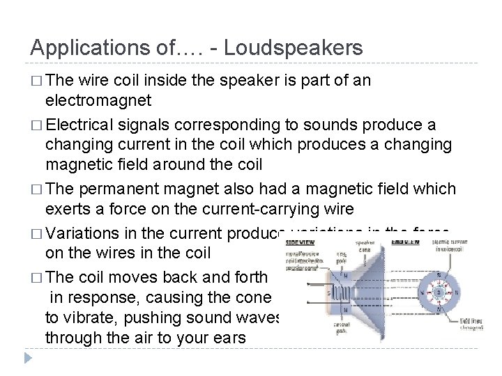 Applications of…. - Loudspeakers � The wire coil inside the speaker is part of