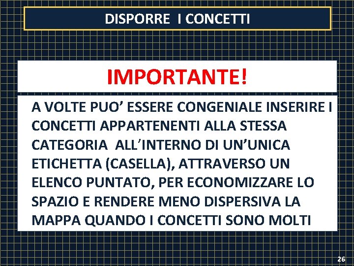 DISPORRE I CONCETTI IMPORTANTE! A VOLTE PUO’ ESSERE CONGENIALE INSERIRE I CONCETTI APPARTENENTI ALLA