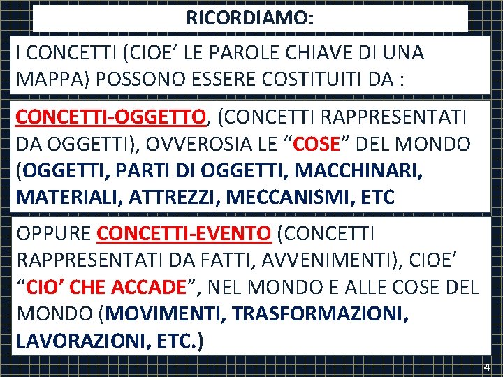 RICORDIAMO: I CONCETTI (CIOE’ LE PAROLE CHIAVE DI UNA MAPPA) POSSONO ESSERE COSTITUITI DA