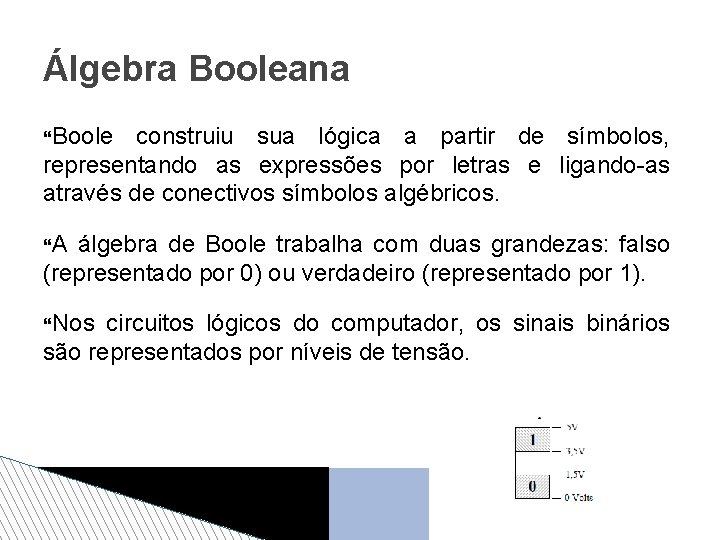 Álgebra Booleana Boole construiu sua lógica a partir de símbolos, representando as expressões por