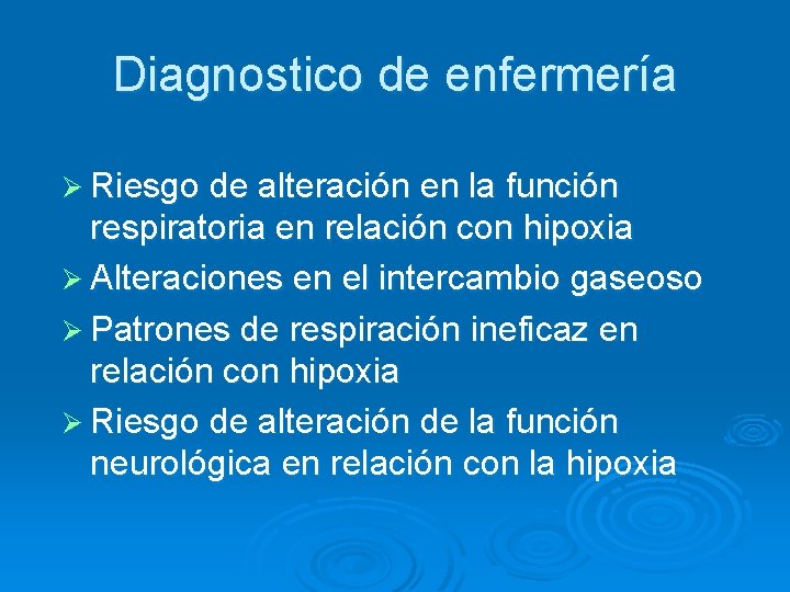 Diagnostico de enfermería Ø Riesgo de alteración en la función respiratoria en relación con