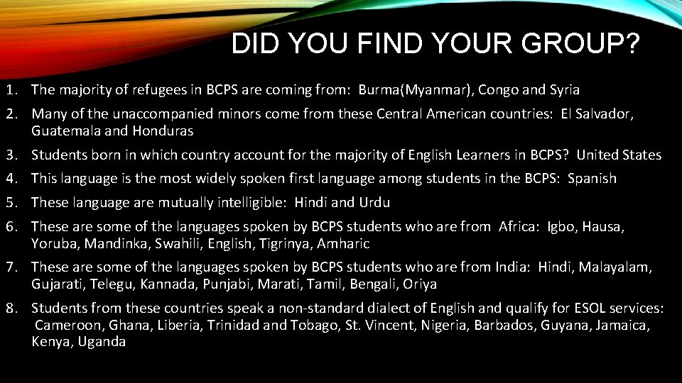 DID YOU FIND YOUR GROUP? 1. The majority of refugees in BCPS are coming