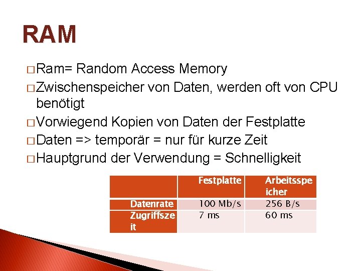 RAM � Ram= Random Access Memory � Zwischenspeicher von Daten, werden oft von CPU