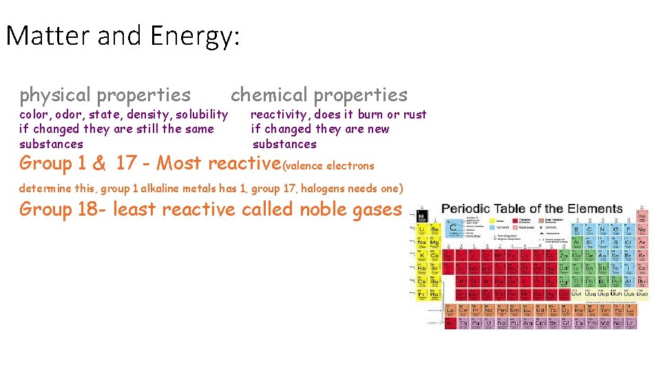 Matter and Energy: physical properties color, odor, state, density, solubility if changed they are