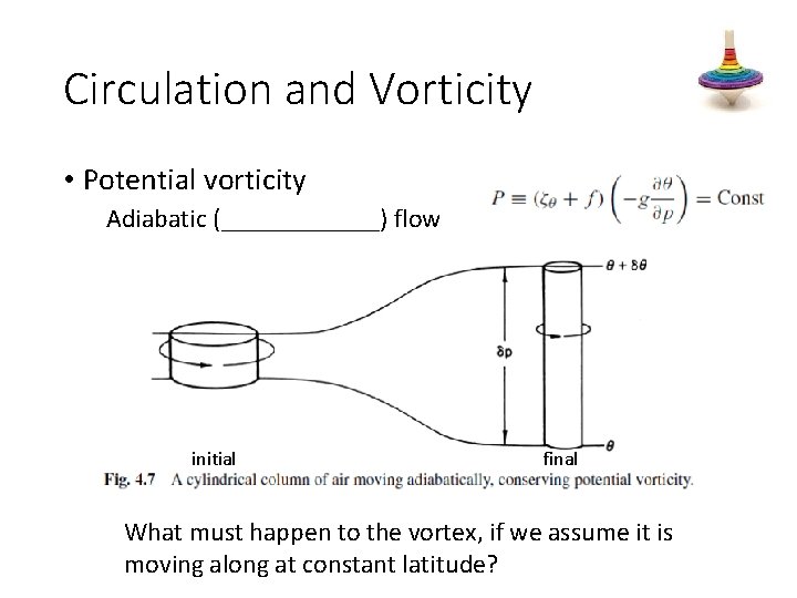 Circulation and Vorticity • Potential vorticity Adiabatic (______) flow initial final What must happen