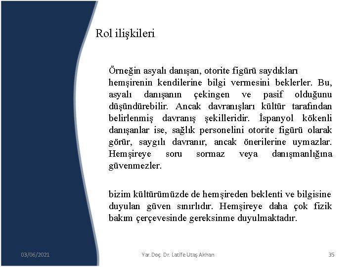Rol ilişkileri Örneğin asyalı danışan, otorite figürü saydıkları hemşirenin kendilerine bilgi vermesini beklerler. Bu,