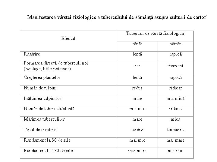 Manifestarea vârstei fiziologice a tuberculului de sãmânţã asupra culturii de cartof Efectul Tubercul de