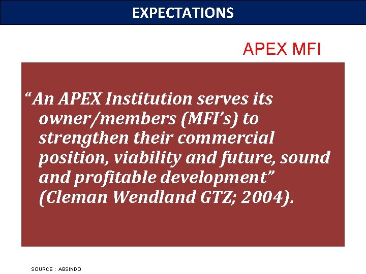 EXPECTATIONS APEX MFI “An APEX Institution serves its owner/members (MFI’s) to strengthen their commercial