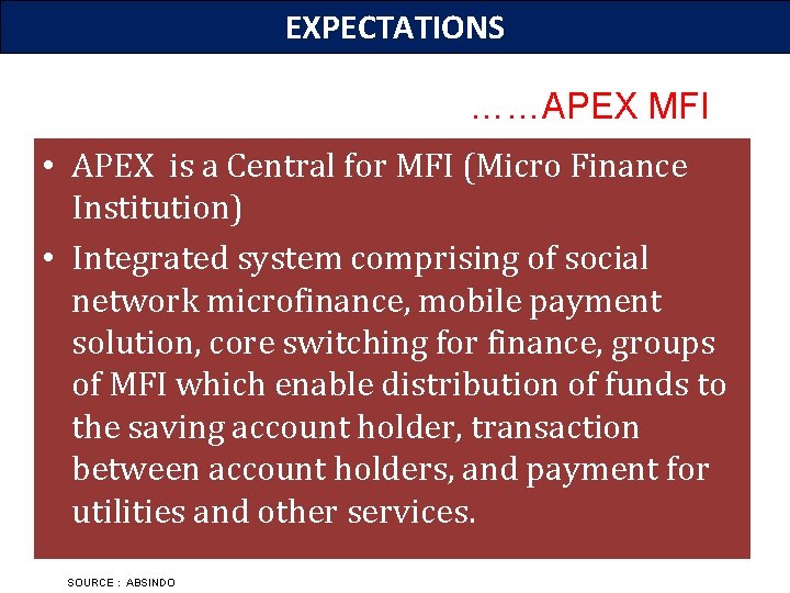 EXPECTATIONS ……APEX MFI • APEX is a Central for MFI (Micro Finance Institution) •