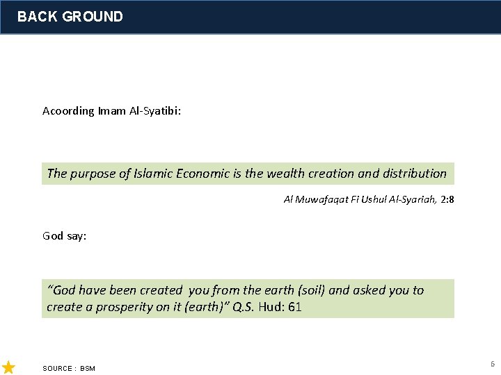 BACK GROUND Acoording Imam Al-Syatibi: The purpose of Islamic Economic is the wealth creation