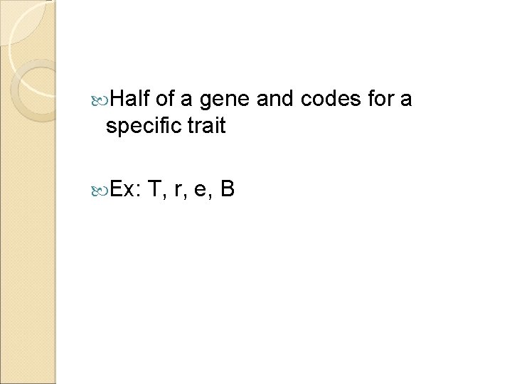  Half of a gene and codes for a specific trait Ex: T, r,