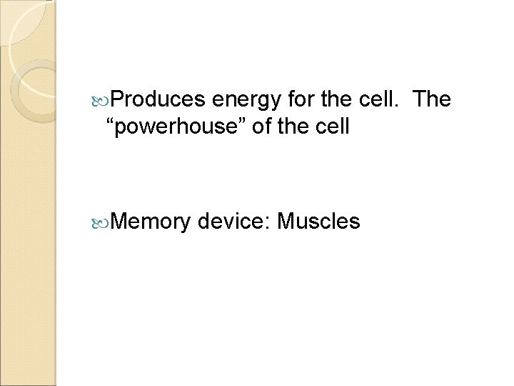  Produces energy for the cell. The “powerhouse” of the cell Memory device: Muscles