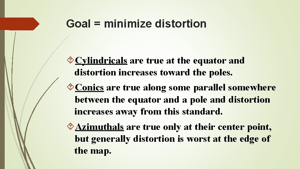 Goal = minimize distortion Cylindricals are true at the equator and distortion increases toward