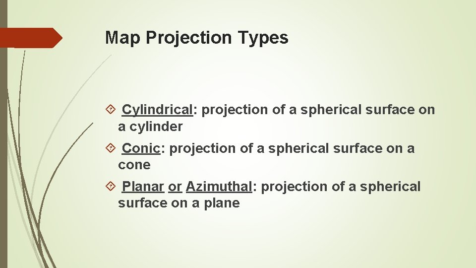 Map Projection Types Cylindrical: projection of a spherical surface on a cylinder Conic: projection