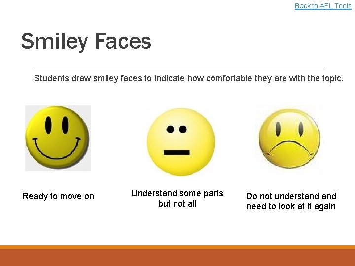 Back to AFL Tools Smiley Faces Students draw smiley faces to indicate how comfortable