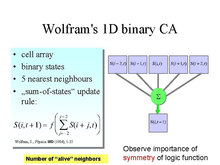 Wolfram's 1 D binary CA • • cell array binary states 5 nearest neighbours