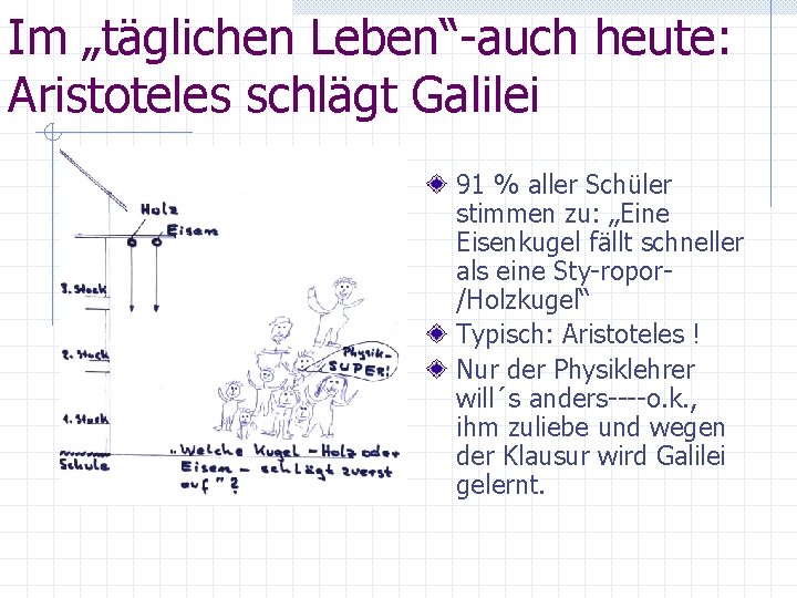 Im „täglichen Leben“-auch heute: Aristoteles schlägt Galilei 91 % aller Schüler stimmen zu: „Eine